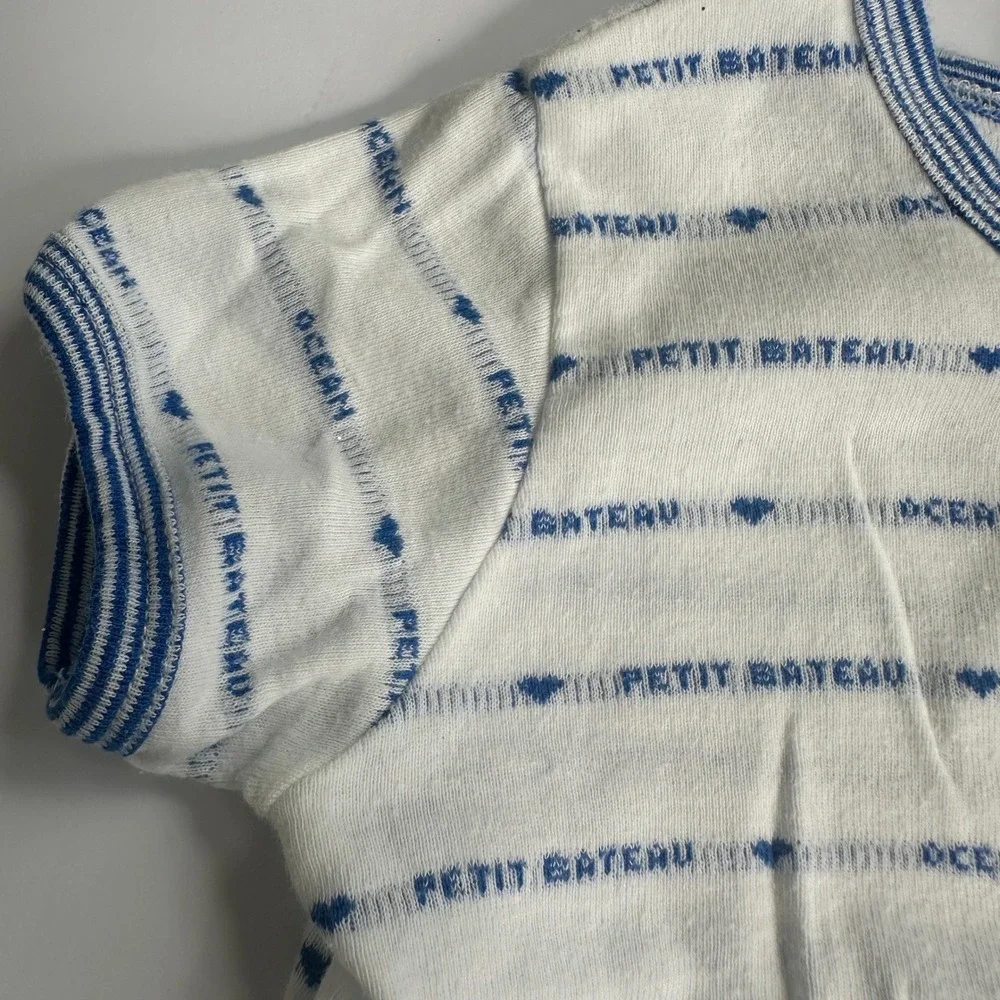 Petit Bateau 12M 74cm Blue White Striped Organic Cotton Short Sleeve Romper